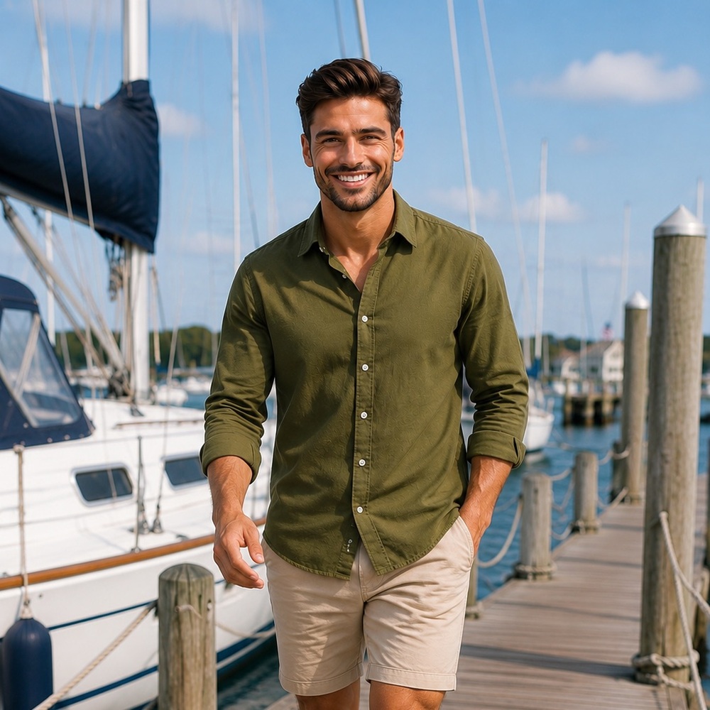 BONOBOS Shirt Men XL Slim Fit Button Up Linen Cotton Minimalist Olive Green